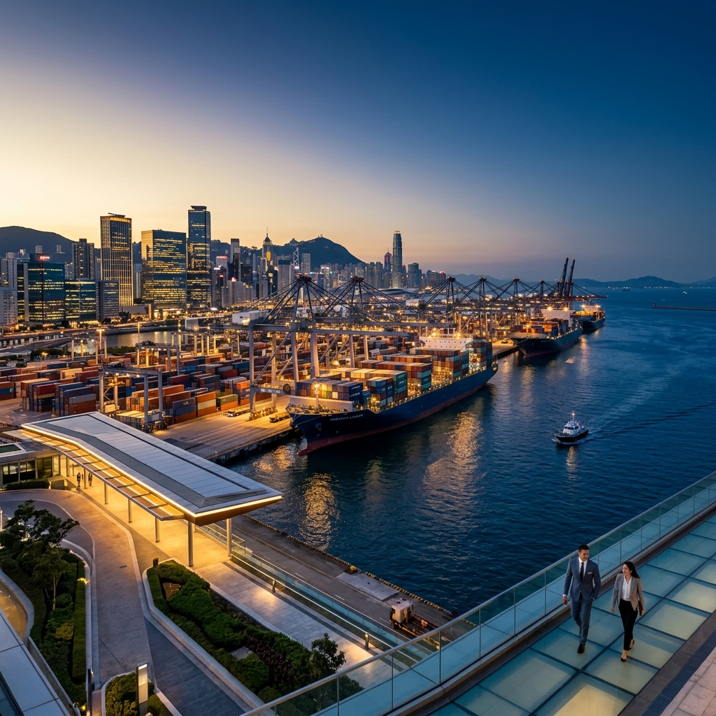 Modern maritime shipping harbor at dusk