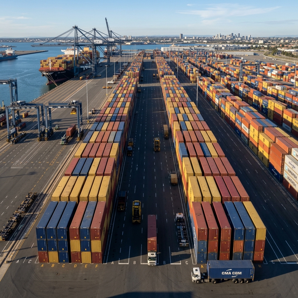 Clean high-angle view of a logistics container yard