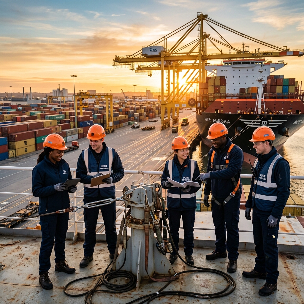 Young logistics professionals inspecting cargo operations