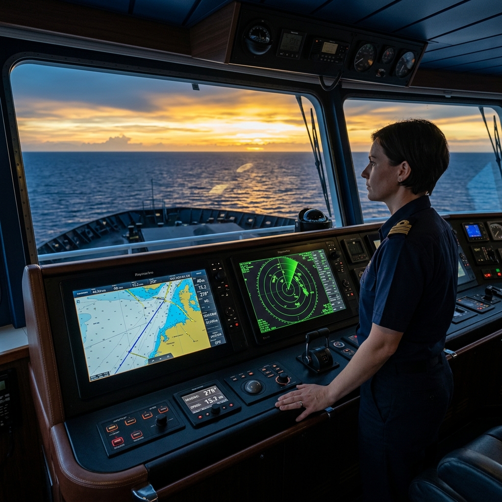 Navigational bridge console on a cargo vessel at sunset