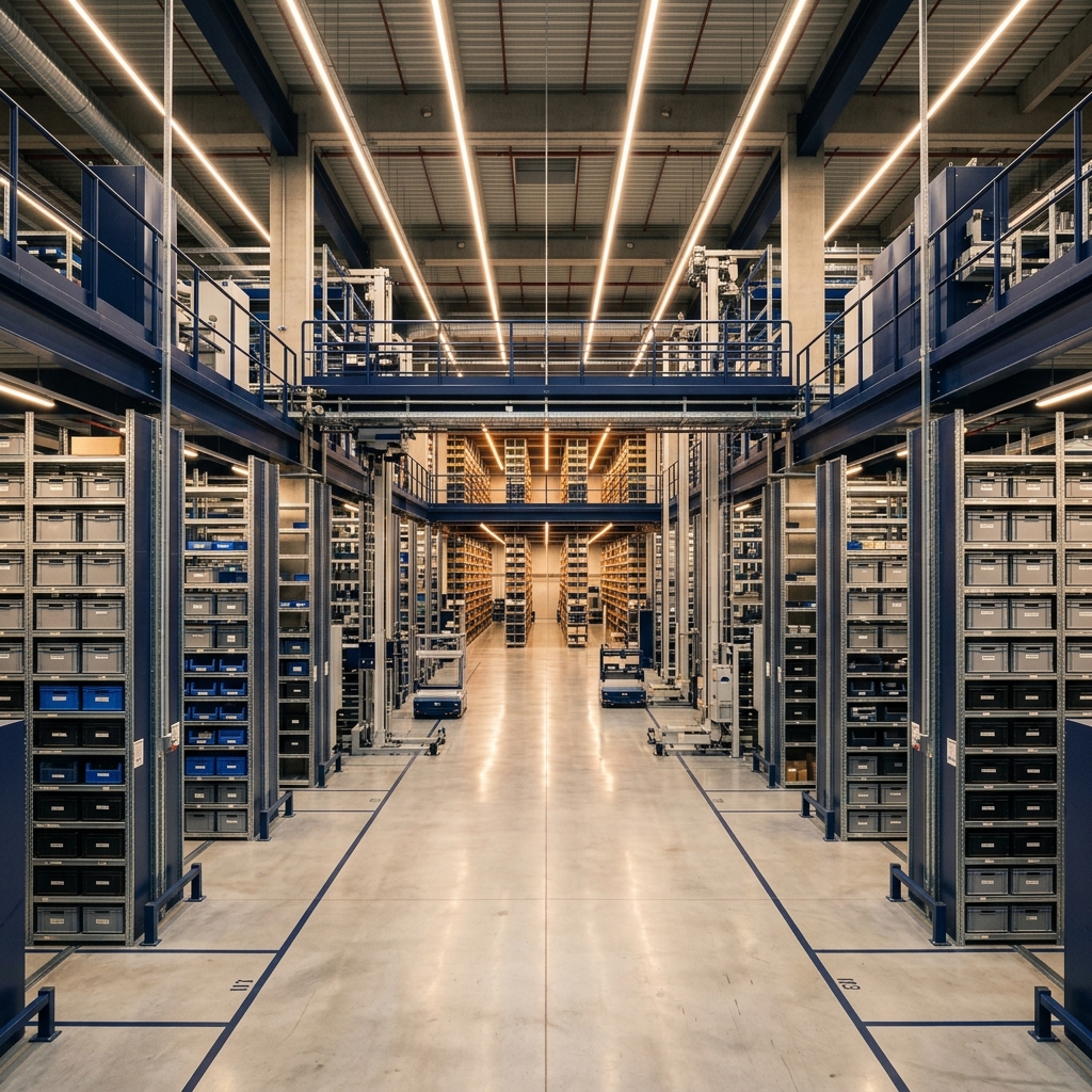 Modern automated warehouse with high-rise shelves